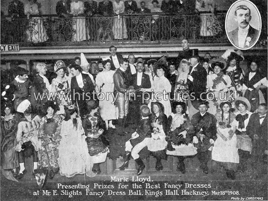 Marie Lloyd Presenting Prizes at Fancy Dress Ball, Kings Hall, Hackney, March 18th 1908.